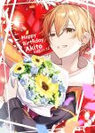  1boy blue_flower bouquet character_name commentary_request confetti dated earrings flower green_eyes happy_birthday highres holding holding_bouquet hood hood_down jewelry long_sleeves looking_at_viewer male_focus orange_hair project_sekai shinonome_akito short_hair smile solo sunflower teeth toratora789 upper_body 