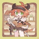  1girl ahoge arknights baguette basket black_jacket blush bread brick_wall brown_shirt brown_shorts chocolate_cornet commentary cow_girl cow_horns croissant croissant_(arknights) food fur-trimmed_jacket fur_trim green_eyes highres holding holding_tongs holding_tray horns id_card inset_border jacket kdmr0402 looking_at_viewer open_mouth orange_hair shelf shirt short_hair shorts signature simple_background smile solo symbol-only_commentary tongs tray yellow_background 
