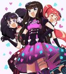  3girls :d black_bow black_gloves black_hair blue_eyes blush bow brown_hair chain choker club_(shape) diamond_(shape) dress fang gaaruru_(pripara) gloves hair_bow hands_on_own_hips headphones heart highres idol_clothes kurosu_aroma long_hair looking_at_viewer multiple_girls open_mouth pink_dress ponytail pretty_(series) print_dress pripara puffy_short_sleeves puffy_sleeves purple_gloves red_choker redhead shiratama_mikan short_sleeves smile spade_(shape) standing striped striped_thighhighs thigh-highs tsukiyo_michi twintails yellow_eyes 