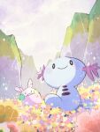  animal_focus blue_skin clouds colored_skin field flower flower_field goomy hanabusaoekaki highres mountain no_humans open_mouth pokemon pokemon_(creature) rain slime_(substance) smile solid_circle_eyes solid_oval_eyes wooper 