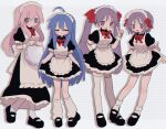  4girls :3 =_= ahoge apron arm_behind_back arms_behind_back black-framed_eyewear black_dress black_footwear blue_hair bow bowtie closed_eyes closed_mouth dress dress_bow frilled_apron frilled_dress frills full_body glasses hair_between_eyes hair_bow hair_over_shoulder hand_up highres hiiragi_kagami hiiragi_tsukasa holding holding_tray index_finger_raised izumi_konata leg_warmers light_blush light_frown long_dress long_hair looking_at_another looking_at_viewer lucky_star maid maid_headdress mary_janes medium_dress medium_hair mole mole_under_eye multiple_girls no_nose no_pupils open_mouth outstretched_arms pantyhose parted_bangs pink_hair polka_dot polka_dot_background purple_hair raised_eyebrow red_bow red_bowtie ri_(qrcode) round_eyewear shoes short_dress short_eyebrows short_sleeves sidelocks simple_background smile socks standing straight_hair takara_miyuki tareme thigh-highs tray tsurime twintails very_long_hair violet_eyes white_apron white_background white_pantyhose white_socks white_thighhighs wrist_cuffs zettai_ryouiki 