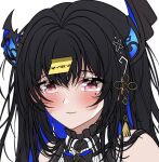  1girl black_bow black_bowtie black_hair blue_bow blue_bowtie blue_hair blush bow bowtie broken_horn close-up colored_inner_hair demon_horns eeveestrations hair_ornament hololive hololive_english horns long_hair mole mole_under_eye multicolored_hair nerissa_ravencroft pink_eyes solo sticky_note two-tone_bowtie two-tone_horns yellow_tassel 