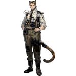  1boy animal_ears arknights belt boots brown_hair cigarette collared_shirt columbia_logo_(arknights) facial_mark ferdinand_(arknights) full_body hand_in_pocket holding holding_cigarette leopard_ears leopard_tail looking_at_viewer microphone necktie norizc official_art pants shirt short_hair solo standing tail white_shirt 