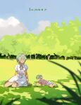  2girls baby blue_sky bow closed_eyes clouds cloudy_sky dress english_commentary english_text full_body glasses grass green_hair highres linka_(xenoblade) multiple_girls on_floor open_mouth outdoors pandoria_(xenoblade) pink_bow pink_shirt puffy_short_sleeves puffy_sleeves shirt short_hair short_sleeves shorts sitting sky smile stephanieh81080 summer tree turters_(xenoblade) turtle white_dress white_shorts xenoblade_chronicles_(series) xenoblade_chronicles_3 
