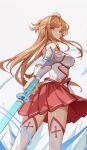  1girl absurdres armor asuna_(sao) bare_shoulders breastplate brown_eyes brown_hair commentary_request dress highres holding holding_sword holding_weapon long_hair looking_at_viewer looking_back luai rapier red_skirt skirt sword sword_art_online thigh-highs weapon white_armor white_dress white_thighhighs 