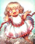  1girl :d barefoot bright_pupils commentary_request ebisu_eika frilled_shirt frilled_skirt frilled_sleeves frills long_earlobes low_twintails open_mouth running_towards_viewer shirt short_sleeves skirt skirt_set smile solo sparkle touhou twintails white_hair white_pupils white_shirt white_skirt yellow_eyes yukkyon_kyon 
