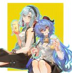  2girls :d :| ahoge alternate_costume bag bare_shoulders bell black_hairband black_skirt blue_bag blue_eyes blue_hair blush buzhidaojiaoshenmekoua closed_mouth cup disposable_cup ganyu_(genshin_impact) ganyu_(heytea)_(genshin_impact) genshin_impact hair_between_eyes hairband handbag head_tilt highres holding holding_cup holding_strap horns long_hair looking_at_viewer multiple_girls official_alternate_costume open_mouth red_eyes shenhe_(genshin_impact) shenhe_(heytea)_(genshin_impact) shirt short_sleeves side_slit sitting skirt sleeveless sleeveless_shirt smile very_long_hair white_hair white_shirt 