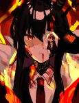 1girl absurdres black_hair blood blood_from_mouth closed_mouth collared_shirt dragon_horns e.g.o_(project_moon) fire highres holding holding_mirror horns library_of_ruina long_hair lowell_(library_of_ruina) mirror msx_(mis4xi) necktie project_moon red_necktie shirt sidelocks smile solo upper_body very_long_hair white_shirt xiao_(library_of_ruina)