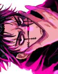  1boy a00xm black_eyes black_hair black_vest choso_(jujutsu_kaisen) close-up facial_tattoo fighting_stance hand_on_own_face hand_up highres jujutsu_kaisen looking_at_viewer male_focus pink_light portrait robe short_hair short_twintails simple_background solo tattoo twintails v-shaped_eyebrows vest white_background 