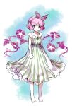  1other androgynous barefoot bow bright_pupils commentary_request dress full_body hair_bow hairband hemo_(hemoroda) highres len&#039;en open_mouth other_focus pale_skin pink_eyes pink_hair pink_pupils purple_bow purple_hairband shion_(len&#039;en) short_hair sketch sleeveless sleeveless_dress smile solo striped striped_dress vertical-striped_dress vertical_stripes white_dress 