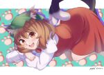  1girl absurdres animal_ear_piercing animal_ears brown_hair cat_ears cat_tail chen green_headwear hat highres hoop_piercing looking_at_viewer mob_cap multiple_tails nekomata open_mouth red_skirt shirt short_hair skirt smile tail touhou two_tails white_shirt yujin_(kanouyuuto-0423) 