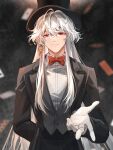  1boy absurdres azou324687 bishounen bow bowtie colored_skin earrings highres jewelry long_hair looking_at_viewer male_focus pale_skin pink_eyes reaching reaching_towards_viewer red_bow red_bowtie smile solo suit thriller_trainee very_long_hair white_hair white_skin zong_jiu 