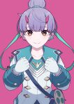  1girl brown_eyes clenched_hands fiona_(xenoblade) gloves hair_bun highres hinoyama_kou horns mitsudomoe_(shape) pink_background purple_hair smile tomoe_(symbol) white_gloves xenoblade_chronicles_(series) xenoblade_chronicles_3 