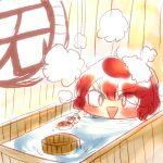  1other :d androgynous bathing bathtub bird commentary_request indoors len&#039;en no_nose open_mouth other_focus red_eyes redhead shitodo_hooaka short_hair sketch smile soap_bubbles solo v-shaped_eyebrows wooden_bathtub yukkyon_kyon 