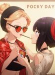  2girls absurdres black_choker black_hair brown_sweater choker commentary_request edgar_syu food hair_bun highres holding holding_food holding_pocky imminent_kiss inoue_takina jacket looking_at_another lycoris_recoil multiple_girls nishikigi_chisato pocky pocky_day pocky_kiss purple_nails pursed_lips red-tinted_eyewear red_eyes red_jacket red_nails short_hair sleeveless sleeveless_sweater sweater tinted_eyewear violet_eyes yuri 