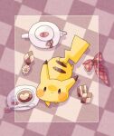  :3 animal_focus border bow bowtie checkered_background chocolate colored_skin cup from_above hanabusaoekaki no_humans pikachu plate pokemon pokemon_(creature) red_bow red_bowtie solid_oval_eyes spoon tail tea teacup teapot white_border yellow_skin 