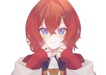  1girl ange_katrina ange_katrina_(1st_costume) blue_eyes cardigan fbteqtkllo182ns hair_intakes highres looking_at_viewer nijisanji red_cardigan redhead short_hair simple_background sleeves_past_wrists smile solo virtual_youtuber white_background 