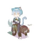  1boy 1girl angela_(project_moon) animal_ears ascot black_ascot black_pantyhose black_skirt blue_coat blue_hair cat_ears cat_girl cat_tail coat crossed_arms dog_ears dog_tail highres library_of_ruina msx_(mis4xi) pantyhose project_moon roland_(library_of_ruina) short_hair simple_background sitting sitting_on_person skirt tail white_background 
