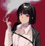  1girl black_hair black_jacket cigarette closed_mouth collared_shirt hand_up highres holding holding_cigarette jacket jacket_on_shoulders limbus_company long_sleeves looking_at_viewer msx_(mis4xi) project_moon red_background red_eyes ryoshu_(limbus_company) shirt short_hair simple_background smoke solo upper_body white_shirt 