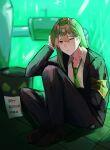  1boy absurdres arm_up black_jacket black_pants brown_eyes brown_footwear collared_shirt enkephalin_(project_moon) green_hair green_necktie highres jacket knees_up lobotomy_corporation long_hair long_sleeves looking_at_viewer msx_(mis4xi) necktie netzach_(project_moon) one_eye_closed pants project_moon shirt shoes sitting solo very_long_hair white_shirt 