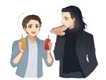  2boys black_hair black_sweater blue_shirt brown_eyes brown_hair collared_jacket collared_shirt eating fingernails food green_eyes grey_jacket grey_pants grey_shirt hand_in_pocket hand_up hands_up holding holding_food hot_dog jacket ketchup_bottle loki_(marvel) long_sleeves looking_at_another male_focus marvel marvel_cinematic_universe medium_hair multiple_boys murdermuffinloki mustard_bottle open_clothes open_jacket open_mouth open_shirt pants peter_parker shirt short_hair simple_background smile standing sweater t-shirt teeth tongue turtleneck turtleneck_sweater white_background 