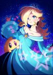  1girl absurdres aqua_dress bare_shoulders blonde_hair blue_eyes blush brooch chromatic_aberration collarbone crown dress earrings highres holding holding_wand jewelry komekome_chonpa long_hair long_sleeves luma_(mario) off-shoulder_dress off_shoulder rosalina sky smile star_(sky) star_(symbol) star_brooch star_earrings star_wand starry_background starry_sky super_mario_bros. super_mario_galaxy wand 