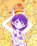  1boy arms_up cactus colored_skin flower_pot grin holding holding_flower_pot kel_(headspace)_(omori) kel_(omori) looking_at_viewer official_art omocat omori parted_lips plant potted_plant purple_hair short_hair smile solo teeth upper_body violet_eyes white_skin 