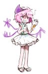  1other androgynous commentary_request dress drooling frilled_dress frills full_body hemo_(hemoroda) holding_ice_cream_cone ice_cream_cone len&#039;en mouth_drool other_focus pink_eyes pink_hair sandals shaded_face shion_(len&#039;en) short_hair simple_background sketch smile solo translation_request triangular_headpiece white_background white_dress 