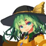  1girl black_headwear commentary green_eyes green_hair hat hat_ribbon komeiji_koishi looking_at_viewer lowres open_mouth pixel_art ribbon short_hair simple_background solo symbol-only_commentary tea_basira touhou upper_body white_background yellow_ribbon 