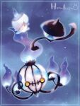  animal_focus artist_name border chandelure evolutionary_line fire floating ghost hanabusaoekaki highres lampent litwick night night_sky no_humans pokemon pokemon_(creature) sky smile star_(sky) white_border yellow_eyes 