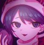  1girl blue_eyes blue_hair chromatic_aberration close-up doremy_sweet hair_between_eyes hat holding limited_palette looking_at_viewer nightcap one-hour_drawing_challenge red_headwear solo tongue tongue_out touhou turtleneck zabu_rou 