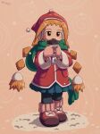  1girl artist_name boots coffee_cup cup disposable_cup english_commentary gloves gurumin hat headphones highres holding holding_cup jacket long_hair open_mouth orange_background orange_hair parin pink_gloves prilajathefairy red_footwear red_headwear red_jacket snow snowing solo twintails winter_clothes 