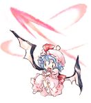  1girl bat_wings bow bow_legwear chibi commentary_request dress hat hat_ribbon lowres micha_(futako) mob_cap no_nose no_shoes open_mouth pink_bow pink_dress pink_headwear puffy_short_sleeves puffy_sleeves red_ribbon remilia_scarlet ribbon short_sleeves smile socks solo touhou white_socks wings 