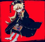  1girl absurdres barefoot black_dress black_headwear blonde_hair closed_mouth dress full_body hat highres junko_(touhou) long_hair long_sleeves looking_at_viewer neck_ribbon print_tabard red_background red_eyes red_tabard ribbon simple_background so_happy_64 solo tabard touhou very_long_hair yellow_ribbon 