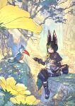  1boy absurdres animal_ears bird black_gloves black_hair dahuang flower food genshin_impact gloves green_eyes green_hair highres holding holding_food sitting tail tighnari_(genshin_impact) tree water waterfall 