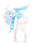  1girl absurdres aqua_shirt arona_(blue_archive) blue_archive blue_eyes blue_hair bow bowtie hair_bow happy highres leaning_to_the_side light_blue_hair looking_at_viewer open_mouth shirt skirt smile solo tachibana_shiori_(suica_112) white_footwear white_skirt 
