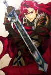  1boy closed_mouth diamant_(fire_emblem) fire_emblem fire_emblem_engage highres holding holding_sword holding_weapon looking_at_viewer male_focus red_eyes redhead sturm_fe_k11 sword upper_body weapon white_background 