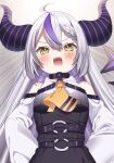  1girl ahoge ascot bare_shoulders black_horns blush braid braided_bangs detached_sleeves grey_hair highres hololive horns la+_darknesss la+_darknesss_(1st_costume) long_hair looking_at_viewer multicolored_hair o-ring open_mouth pointy_ears pome_charo purple_hair streaked_hair striped_horns virtual_youtuber yellow_ascot yellow_eyes 