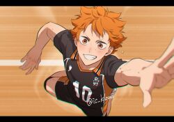  1boy blush brown_eyes grin haikyuu!! highres hinata_shouyou ichiru_(ic_kloud) karasuno_volleyball_uniform letterboxed male_focus orange_hair short_hair smile solo spiking sportswear sweat teeth twitter_username volleyball_(sport) volleyball_uniform 