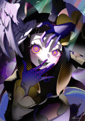  1girl absurdres artist_name blunt_bangs crown feathered_wings head_wings highres hololive hololive_english hppu8734 long_hair long_sleeves looking_at_viewer multicolored_eyes ninomae_ina'nis open_mouth portrait purple_hair purple_hands ringed_eyes solo tako_takover_(ninomae_ina'nis) tentacle_hair twitter_username upper_body violet_eyes virtual_youtuber white_wings wings yellow_eyes 