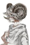  1boy absurdres animal_ears crying crying_with_eyes_open curled_horns grey_hair highres horns male_focus monster_boy open_mouth original rikan_kan short_hair simple_background solo tears upper_body white_background 