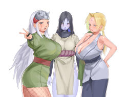  black_hair blonde_hair breasts brown_eyes fishnets genderswap genderswap_(mtf) highres hourglass huggytug jiraiya_(naruto) large_breasts looking_at_viewer mature_female multiple_girls orochimaru_(naruto) pale_skin sensei_(alicemare) sensei_(blue_archive) sexy_no_jutsu teacher tsunade_(naruto) white_hair yellow_eyes 