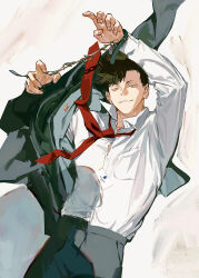  1boy black_hair black_jacket black_pants buttons dress_shirt haikyuu!! highres huangdanlan jacket kuroo_tetsurou looking_at_viewer male_focus necktie pants red_necktie shirt shirt_tucked_in short_hair solo suit_jacket suit_pants teeth white_shirt yellow_eyes 