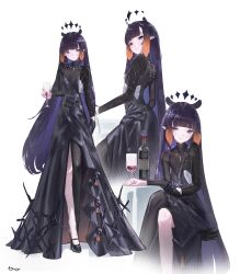  1girl absurdres alternate_costume black_dress black_gloves black_shoes blunt_bangs bottle closed_mouth commentary crossed_legs cup dress drinking_glass english_commentary flat_chest floomf gloves gradient_hair halo high_heels highres holding holding_cup hololive hololive_english jewelry long_dress long_hair long_sleeves looking_at_viewer mole mole_under_eye multicolored_hair multiple_views necklace ninomae_ina'nis orange_hair pointy_ears purple_hair shoes sidelocks simple_background single_glove single_leg_pantyhose sitting smile solo standing star_halo tentacle_hair very_long_hair virtual_youtuber white_background wine_bottle wine_glass 