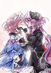  2girls absurdres backlighting black_flower black_gloves blue_eyes commentary english_commentary evernight_(honkai:_star_rail) eye_contact flower from_side gloves hair_flower hair_ornament hand_on_another's_chin highres honkai:_star_rail honkai_(series) long_hair long_sleeves looking_at_another march_7th_(honkai:_star_rail) medium_hair multicolored_eyes multiple_girls parted_lips pink_hair profile red_eyes selfcest smile sweat violet_eyes yoruneko_(liampadolina) yuri 