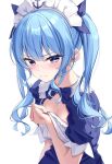  1girl blue_eyes blue_hair blush cosplay embarrassed hair_between_eyes hair_ribbon highres hololive hoshimachi_suisei long_hair looking_at_viewer maid_headdress minato_aqua minato_aqua_(1st_costume) minato_aqua_(cosplay) muyamii oversized_breast_cup ribbon simple_background solo star_(symbol) star_in_eye symbol_in_eye twintails upper_body virtual_youtuber white_background 