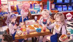  4girls ;) anger_vein bag black_hairband blue_skirt bow bowtie breasts camera commentary cup disposable_cup drill_hair english_commentary eyewear_on_head firefly_(honkai:_star_rail) food french_fries goggles goggles_on_head grey_hair hairband handheld_game_console holding holding_food holding_handheld_game_console holding_pizza honkai:_star_rail honkai_(series) ice_cream indoors long_hair march_7th_(honkai:_star_rail) medium_breasts medium_hair monitor multiple_girls one_eye_closed pizza pizza_box pizza_slice playing_games playing_video_games pleated_skirt pointing red_bow red_bowtie round1 school_bag school_uniform shirt silver_wolf_(honkai:_star_rail) sitting skirt smile soda spoken_anger_vein standing stelle_(honkai:_star_rail) sundae table tissue_box trailblazer_(honkai:_star_rail) very_long_hair white_shirt zerotabi1210 