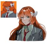  1girl black_coat black_vest bow brown_hairband closed_mouth coat collared_shirt freckles hair_bow hairband highres ishmael_(limbus_company) limbus_company long_hair looking_at_viewer msx_(mis4xi) necktie orange_hair project_moon red_necktie reference_inset shd_eod shirt simple_background upper_body very_long_hair vest white_background white_bow white_shirt 