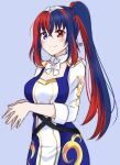  alear_(female)_(divine_attire)_(fire_emblem) alear_(female)_(fire_emblem) alear_(fire_emblem) blue_eyes blue_hair closed_mouth dress fire_emblem fire_emblem_engage heterochromia highres long_hair multicolored_hair official_alternate_costume official_alternate_hairstyle ponytail red_eyes redhead ribbon simple_background smile split-color_hair tiara two-tone_hair white_ribbon zero-theme 