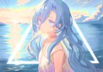  1girl absurdres blue_hair breasts character_request closed_mouth commentary_request delfino dress hair_between_eyes highres long_hair looking_at_viewer ocean reverse:1999 small_breasts solo upper_body wavy_hair white_dress 